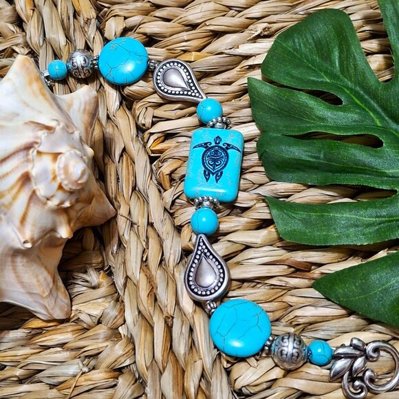 Artisan Hand Crafted Bracelet Turtle Tribal Art Silver Turquoise Beaded OSFM - Picture 3 of 11